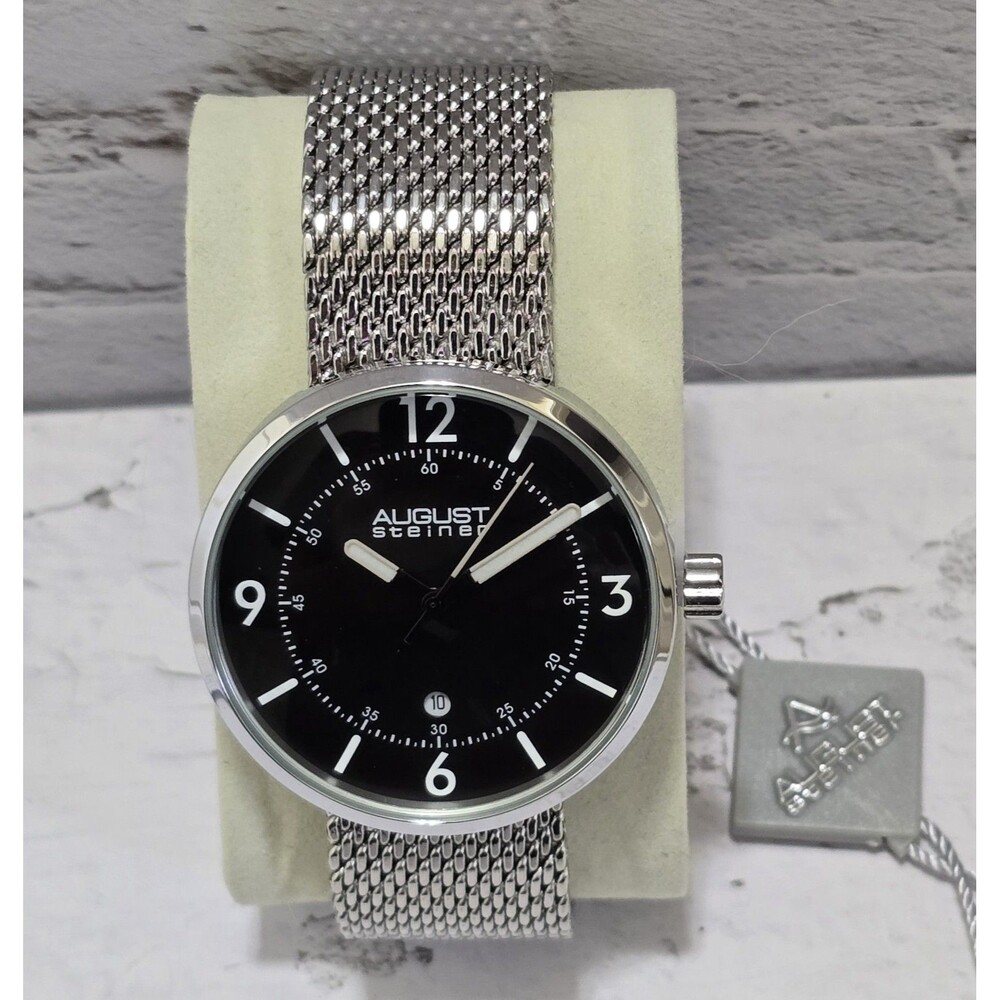 Men's August Steiner AS8204SSB Quartz Movement Date Steel Mesh Bracelet Watch